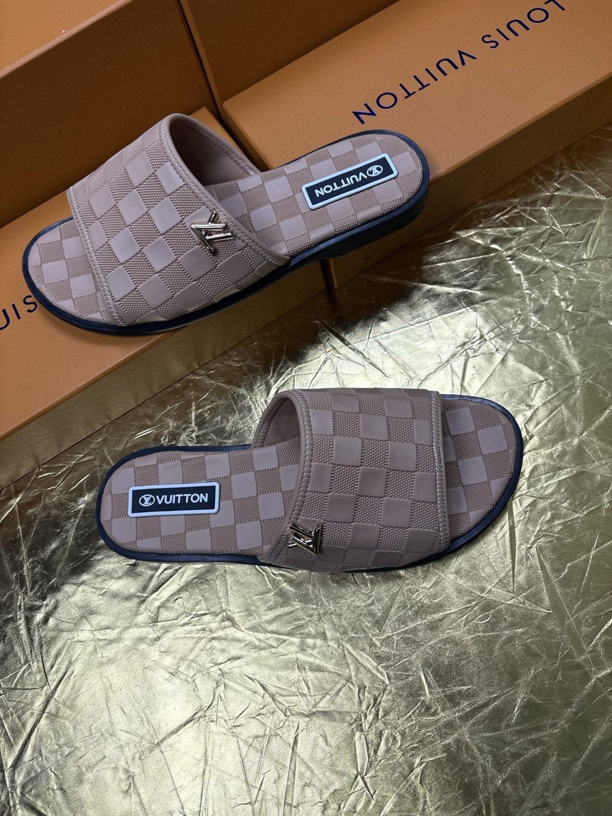 Louis Vuitton Checker-Pattern Slide Sandals — front