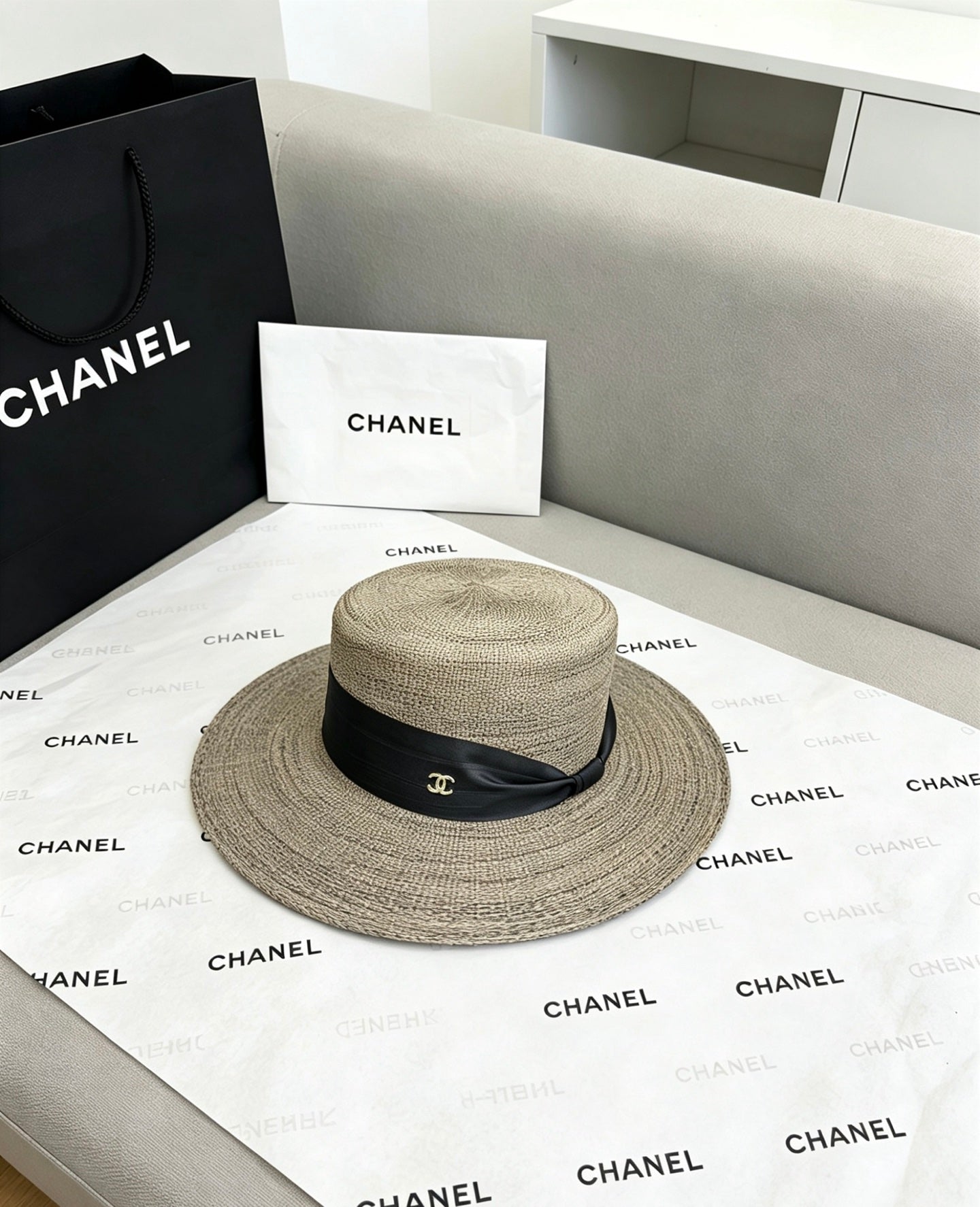 CHANEL Straw Flat-Top Hat